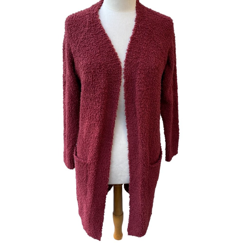 NWT Boucle Open Duster Cardigan Long Ruby Red Chunky Pockets Cozy Cottage-L